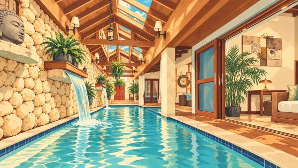 Illustration of Bali Retreat Aruba’s indoor pool and waterfall.