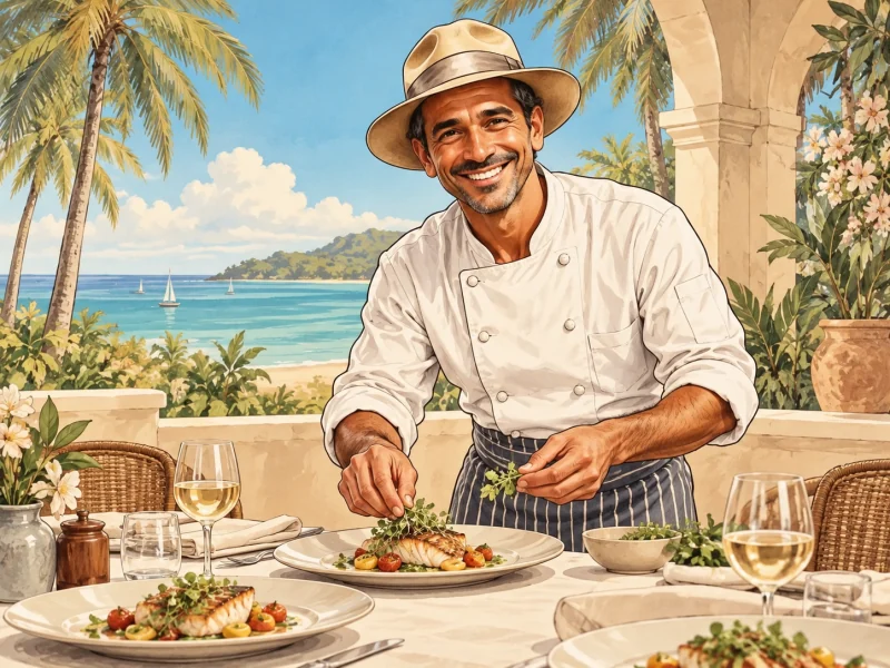 Vintage illustration of a chef preparing a meal at an Aruban villa.