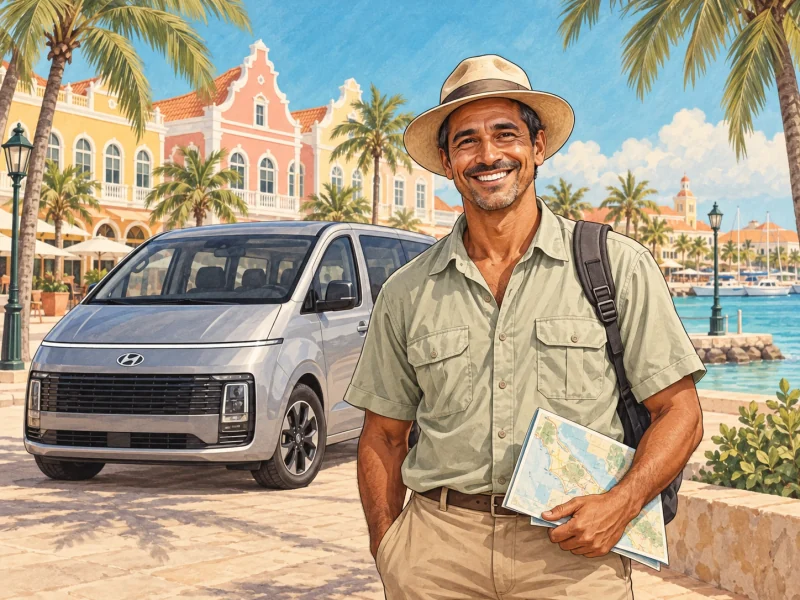 Vintage illustration of a welcoming guide beside a private van in Aruba.