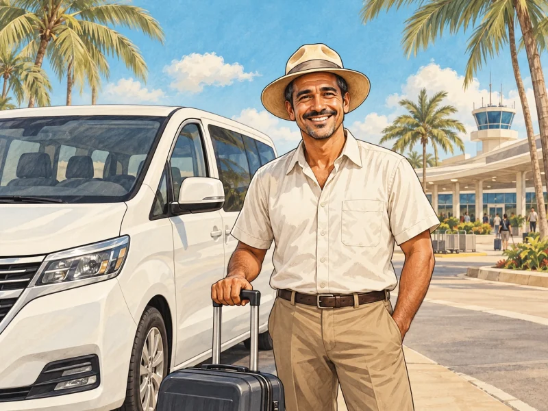 Vintage illustration of a friendly driver welcoming guests to Aruba.